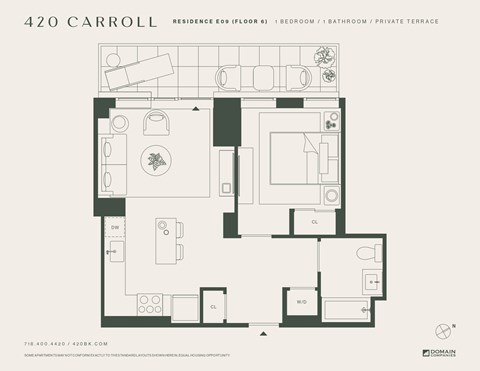 Floor plan for 1 bed, 1 bath, 586 sqft